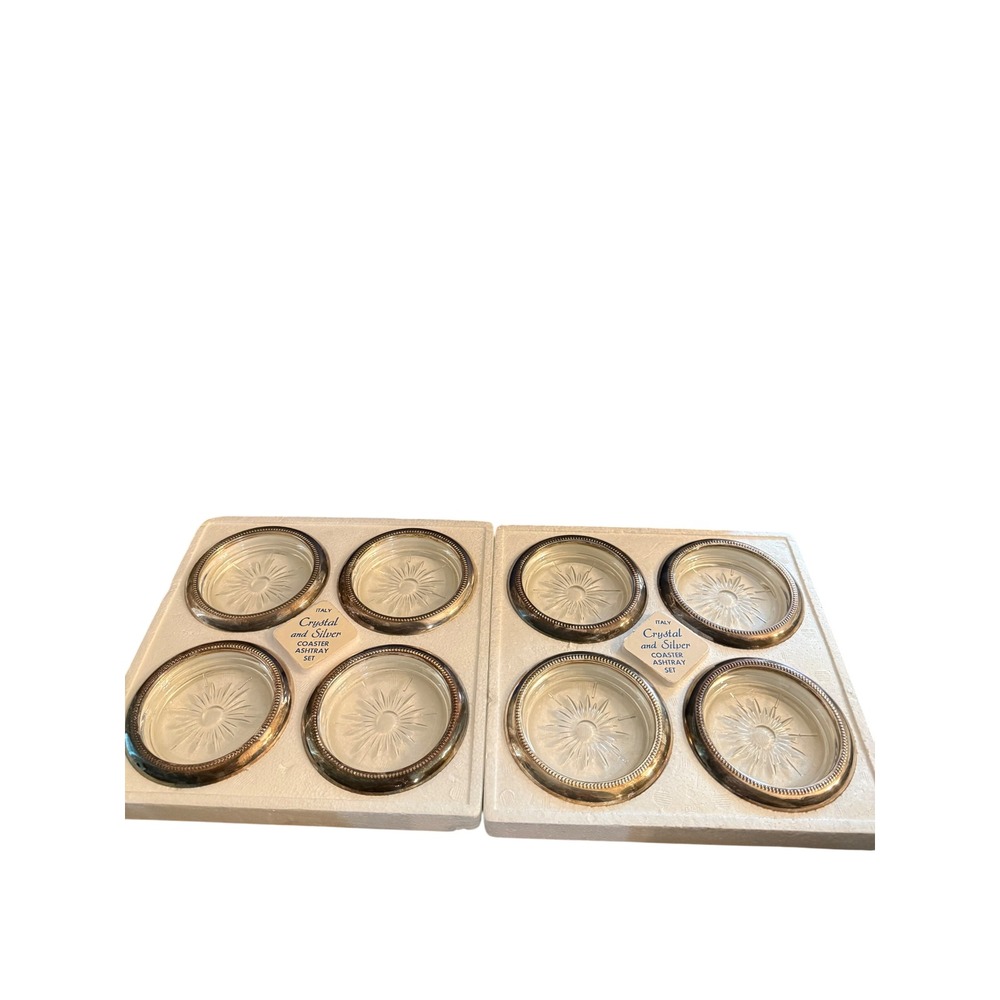 Vintage Leonard Italy Silverplate Crystal Coaster Ashtray Set of 8 Starburst New
